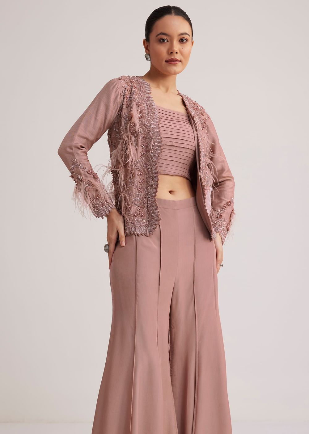 Mauve Satin Palazzo Set With Embellished Jacket