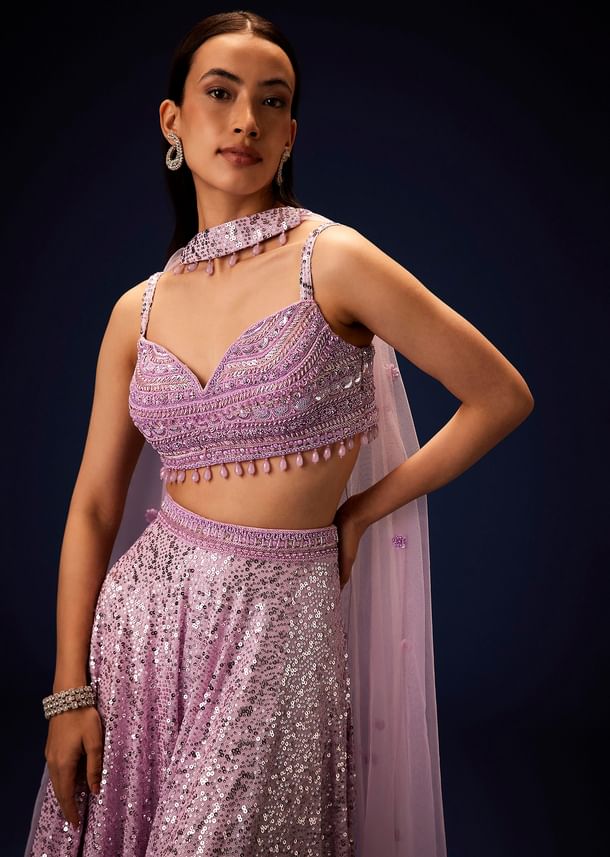 Mauve Sequence Double Layer Skirt Dupatta Set With Hand Embroidered Blouse