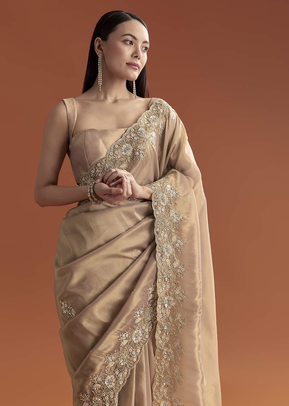 Mauve Tissue Saree With Scallop Border And Stone Embroidery