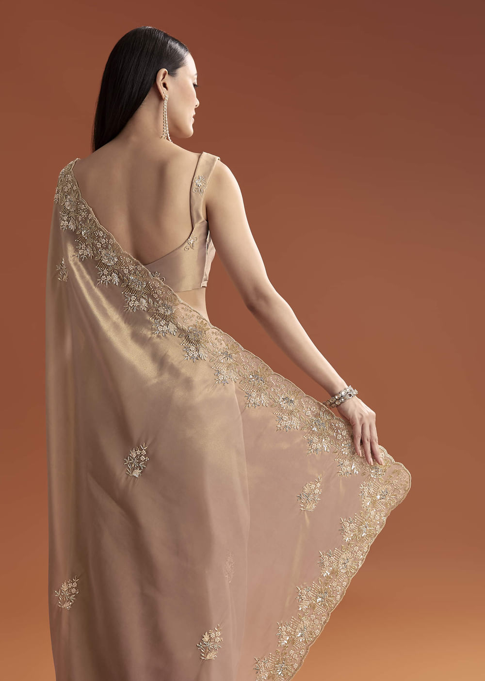 Mauve Tissue Saree With Scallop Border And Stone Embroidery