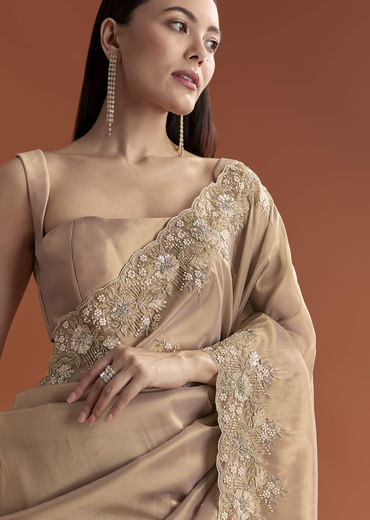Mauve Tissue Saree With Scallop Border And Stone Embroidery