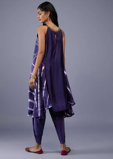 Midnight Blue Silk Bandhani Top With Tie-Dye Side Panel And Silk Dhoti Pants