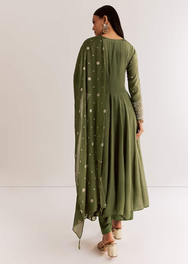 Mehendi Green Chinon Kurta Set With Zardosi And Butti Work
