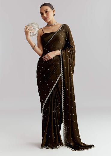 Mehendi Green Chinon Saree With Heavy Hand Embroidery