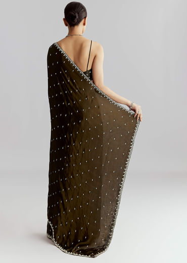 Mehendi Green Chinon Saree With Heavy Hand Embroidery