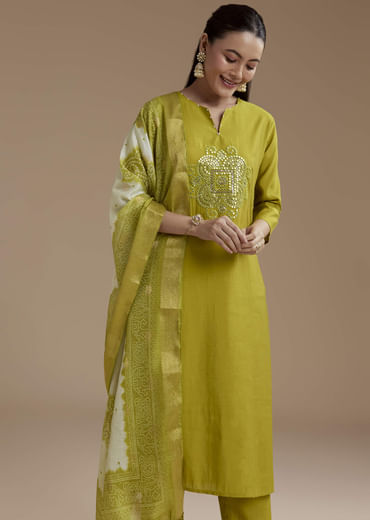 Mehendi Green Cotton Silk Kurta Set with Foil Mirror