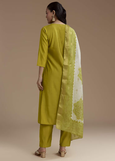 Mehendi Green Cotton Silk Kurta Set with Foil Mirror
