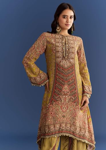Mehendi Green Crepe Asymmetrical Printed Kurta With Striped Printed Dhoti