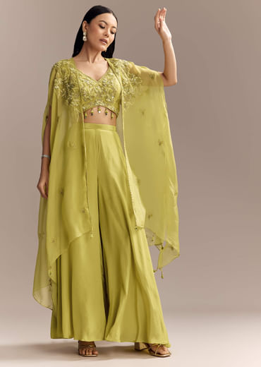 Mehendi Green Crepe Crop Top And Palazzo Set With Embroidered Cape