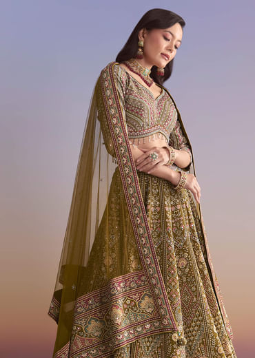 Mehendi Green Crepe Printed Bridesmaid Lehenga With Mirror And Sequin Work