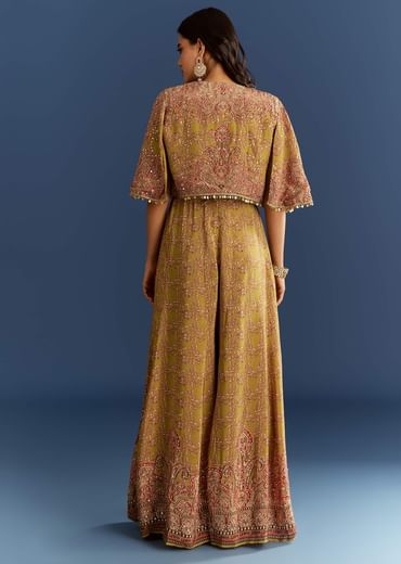 Mehendi Green Crepe Printed Jumpsuit With Mirror Sequins Work Cape And Belt