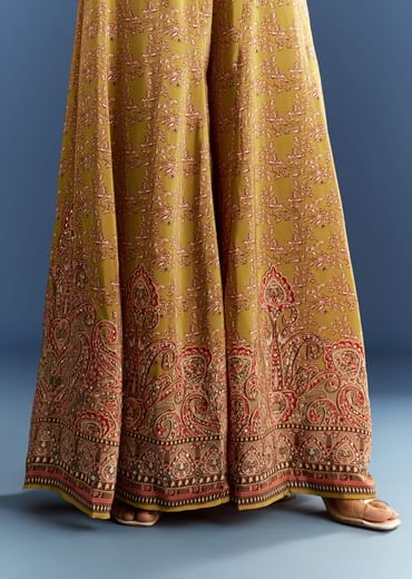 Mehendi Green Crepe Printed Jumpsuit With Mirror Sequins Work Cape And Belt