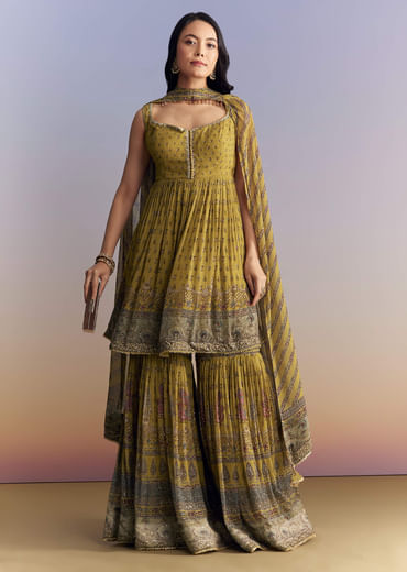 Mehendi Green Crepe Sharara Suit With Indie Print And Stone Work