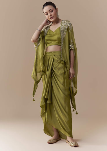 Mehendi Green Crop Top Draped Skirt Set with Sequin Cape