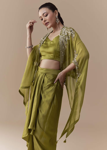 Mehendi Green Crop Top Draped Skirt Set with Sequin Cape