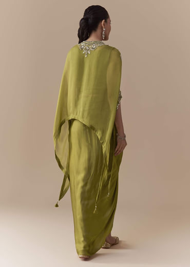 Mehendi Green Crop Top Draped Skirt Set with Sequin Cape