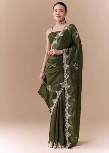 Mehendi Green Crush Tissue Embellished Saree with Blouse Fabric