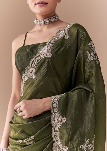Mehendi Green Crush Tissue Embellished Saree with Blouse Fabric