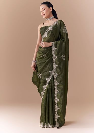 Mehendi Green Crush Tissue Embellished Saree with Blouse Fabric