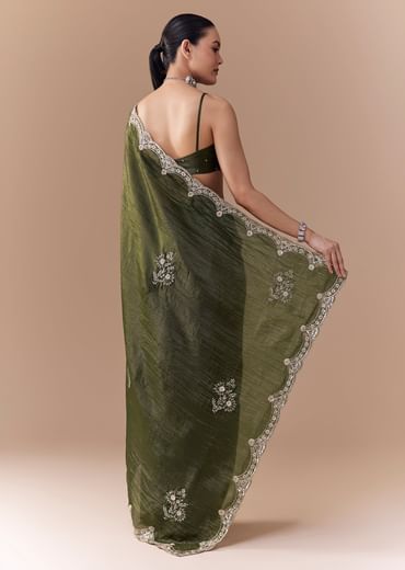 Mehendi Green Crush Tissue Embellished Saree with Blouse Fabric