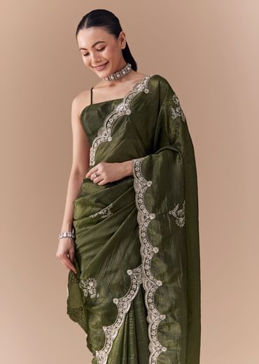 Mehendi Green Crush Tissue Embellished Saree with Blouse Fabric