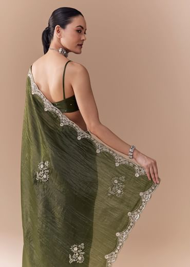 Mehendi Green Crush Tissue Embellished Saree with Blouse Fabric