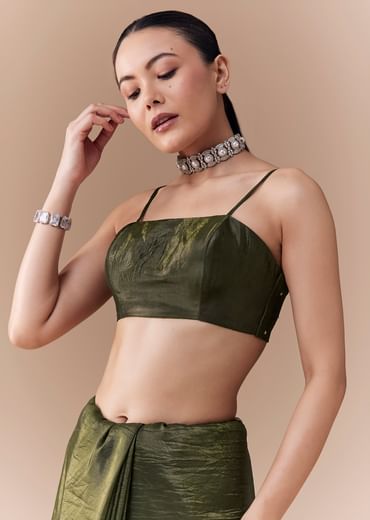 Mehendi Green Crush Tissue Embellished Saree with Blouse Fabric