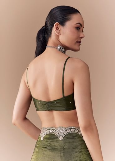 Mehendi Green Crush Tissue Embellished Saree with Blouse Fabric