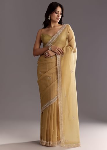 Mehendi Green Crushed Tissue Saree With Cutwork Embroidered Border
