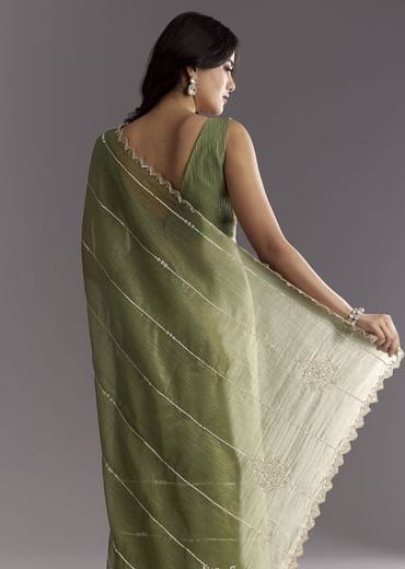 Mehendi Green Crushed Tissue Saree With Embroidered Scallop Border