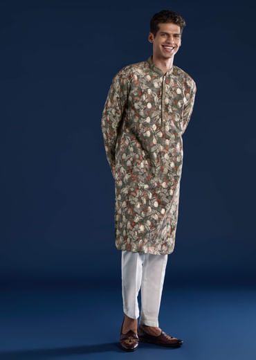 Mehendi Green Foil Work Mens Kurta and Pant Set