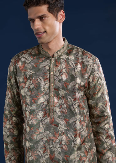 Mehendi Green Foil Work Mens Kurta and Pant Set