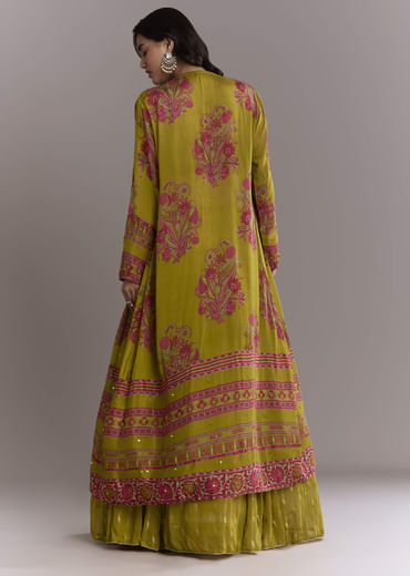 Mehendi Green Georgette Crop Top And Printed Skirt Set With Embroidery