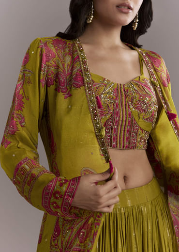 Mehendi Green Georgette Crop Top And Printed Skirt Set With Embroidery