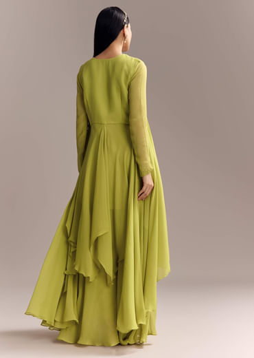 Mehendi Green Georgette Indo Western Kurta And Palazzo Set With Embroidery