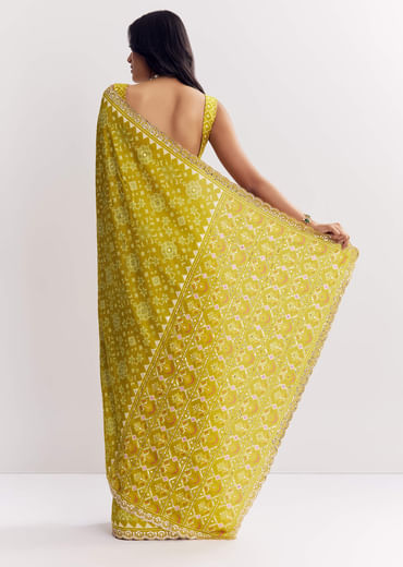 Mehendi Green Muslin Ajrakh Printed Saree With Gota And Mirror Work