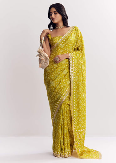 Mehendi Green Muslin Ajrakh Printed Saree With Gota And Mirror Work