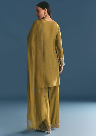 Mehendi Green Silk Sequin Kurta Palazzo Suit