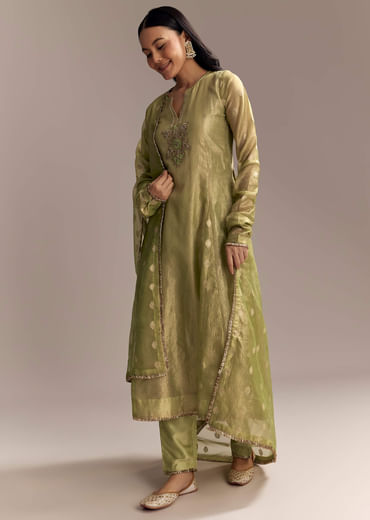 Mehendi Green Tissue Anarkali Suit With Zardosi Work