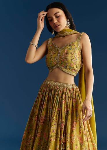 Mehendi Green Tissue Silk Lehenga With Zardosi Sequin Choli And Printed Dupatta