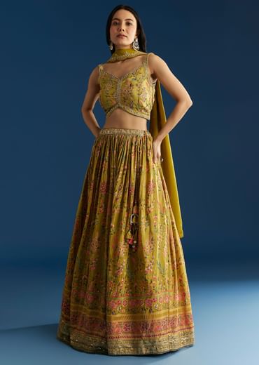Mehendi Green Tissue Silk Lehenga With Zardosi Sequin Choli And Printed Dupatta