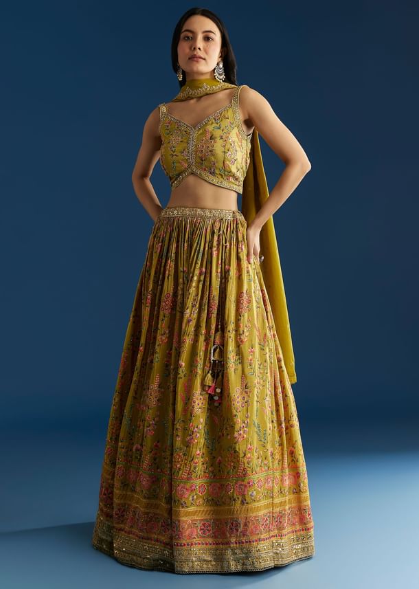 Mehendi Green Tissue Silk Lehenga With Zardosi Sequin Choli And Printed Dupatta