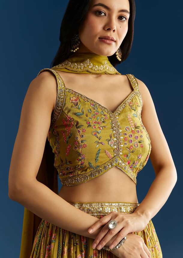 Mehendi Green Tissue Silk Lehenga With Zardosi Sequin Choli And Printed Dupatta