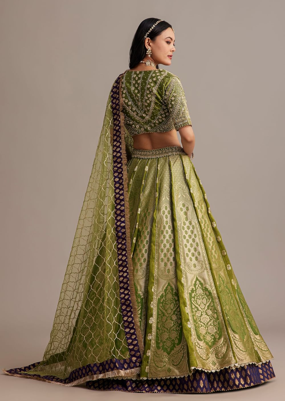 Mehendi Green Banarasi Silk Lehenga Set With Zardosi Work