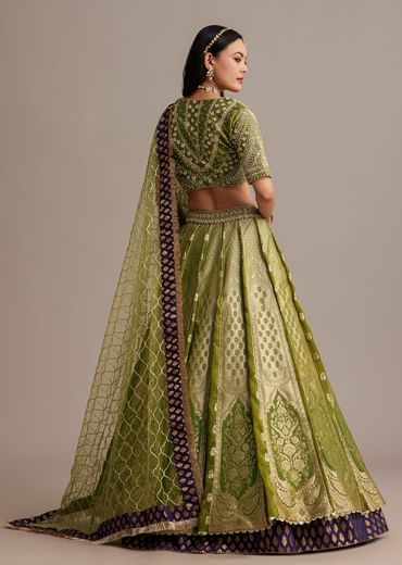 Mehendi Green Banarasi Silk Lehenga Set With Zardosi Work