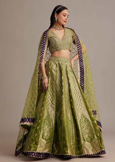Mehendi Green Banarasi Silk Lehenga Set With Zardosi Work