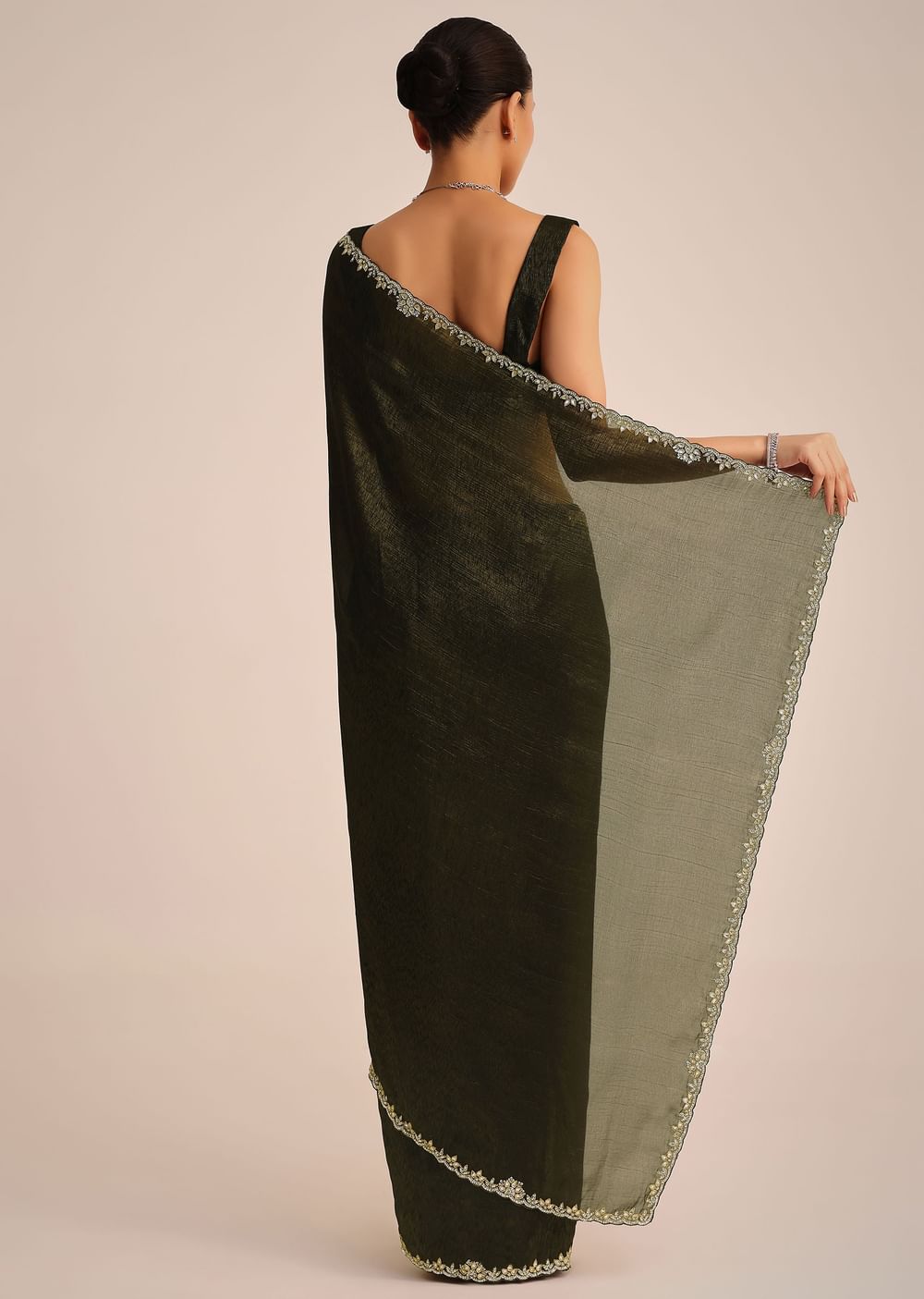 Mehendi Green Crepe Saree With Kundan Stone Embroidery And Unstitched Blouse