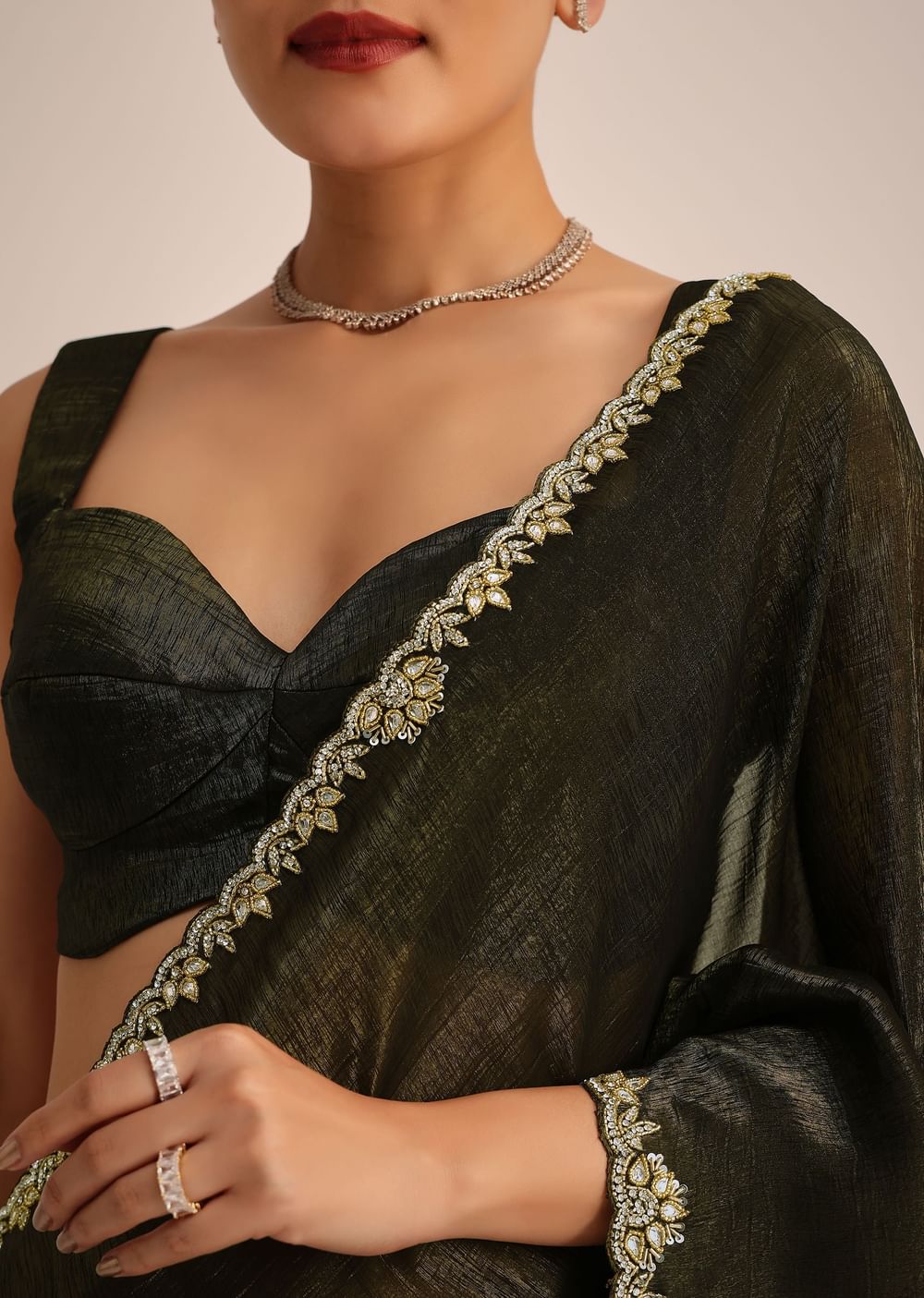 Mehendi Green Crepe Saree With Kundan Stone Embroidery And Unstitched Blouse