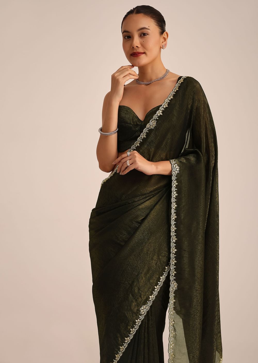 Mehendi Green Crepe Saree With Kundan Stone Embroidery And Unstitched Blouse