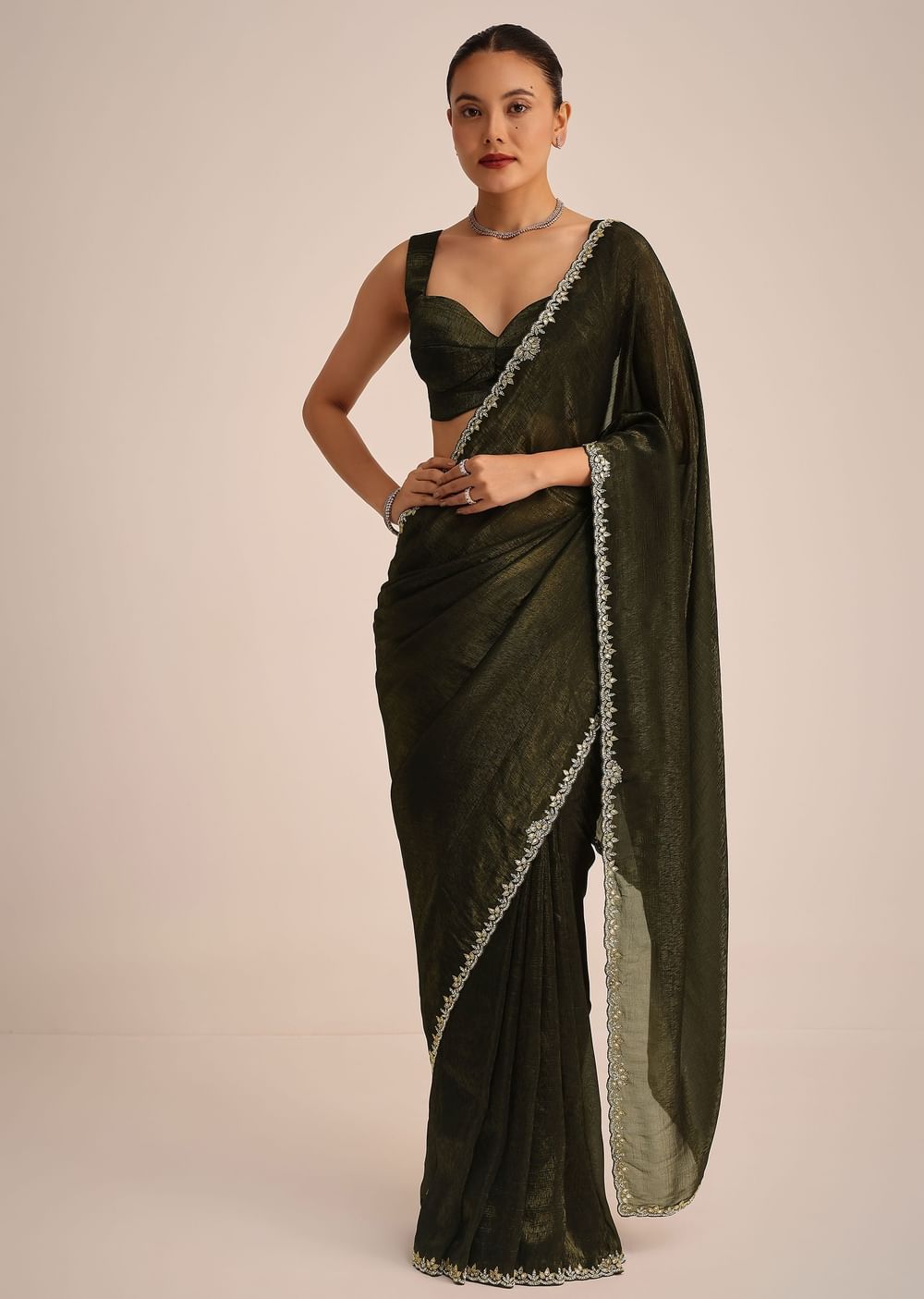 Mehendi Green Crepe Saree With Kundan Stone Embroidery And Unstitched Blouse